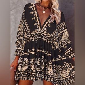 Bohemian Ethnic style 3/4 Sleeve V neck dress